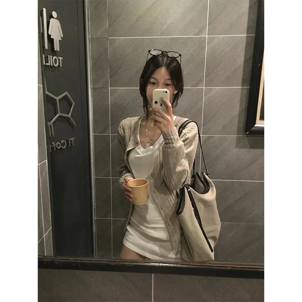 中长款V领小飞袖T恤短袖上衣+长袖针织开衫套装早秋季 #C1006