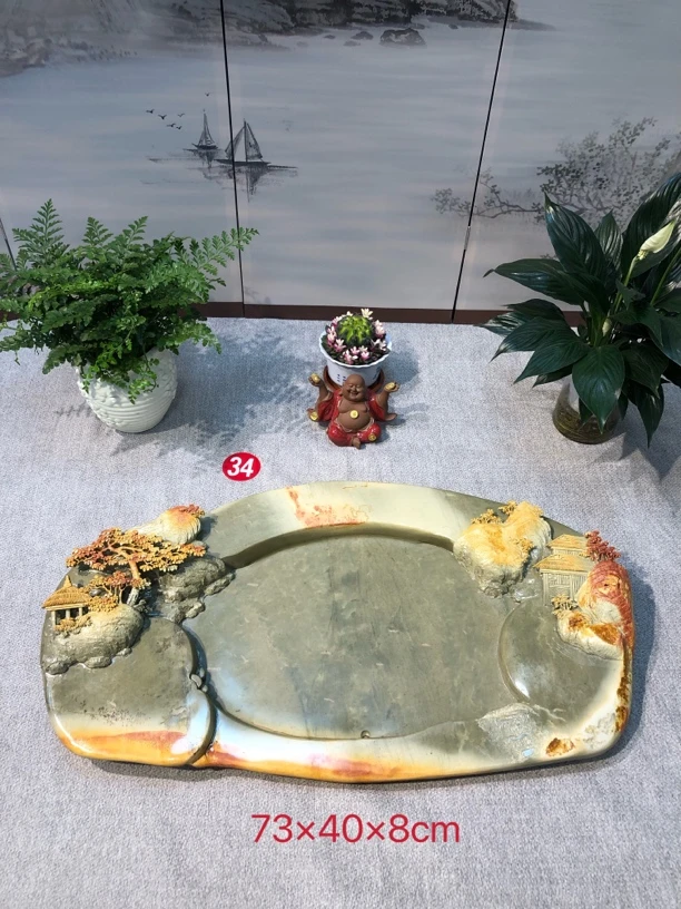 肇庆天然端砚石手工雕刻茶盘办公室创意茶具摆件