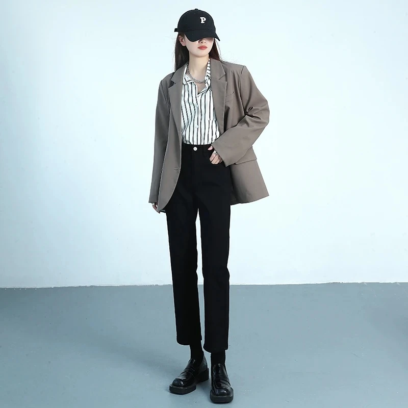 QiQi新款纯黑加绒牛仔裤2025女冬季小个子弹力九分烟管裤-8016