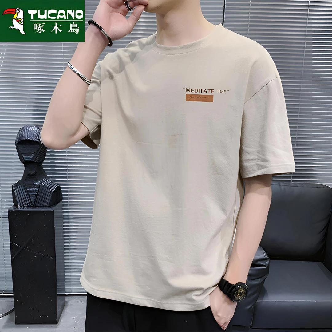 啄木鸟夏季男士纯棉重磅短袖t恤男宽松圆领潮流韩版印花大码半袖