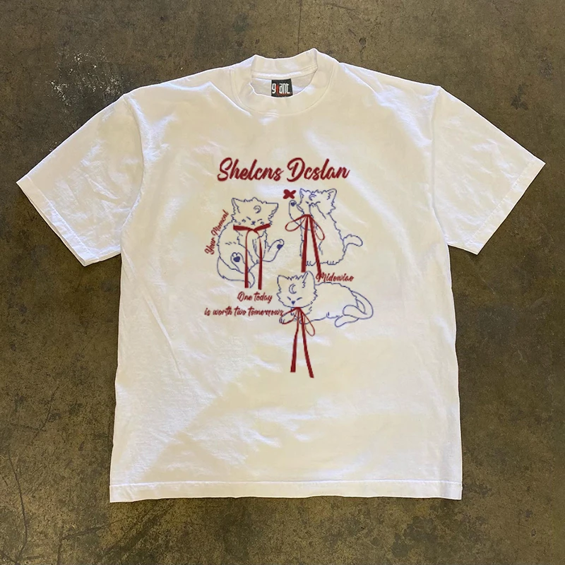 230g重磅夏季美式蝴蝶结猫咪小众潮牌宽松慵懒风减龄短袖T恤女ins