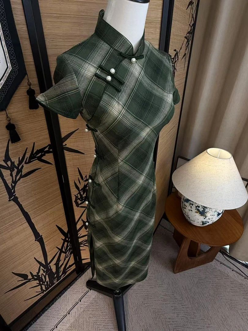 蘑菇旗袍 《上黎》设计师新款国风格子复古新中式旗袍