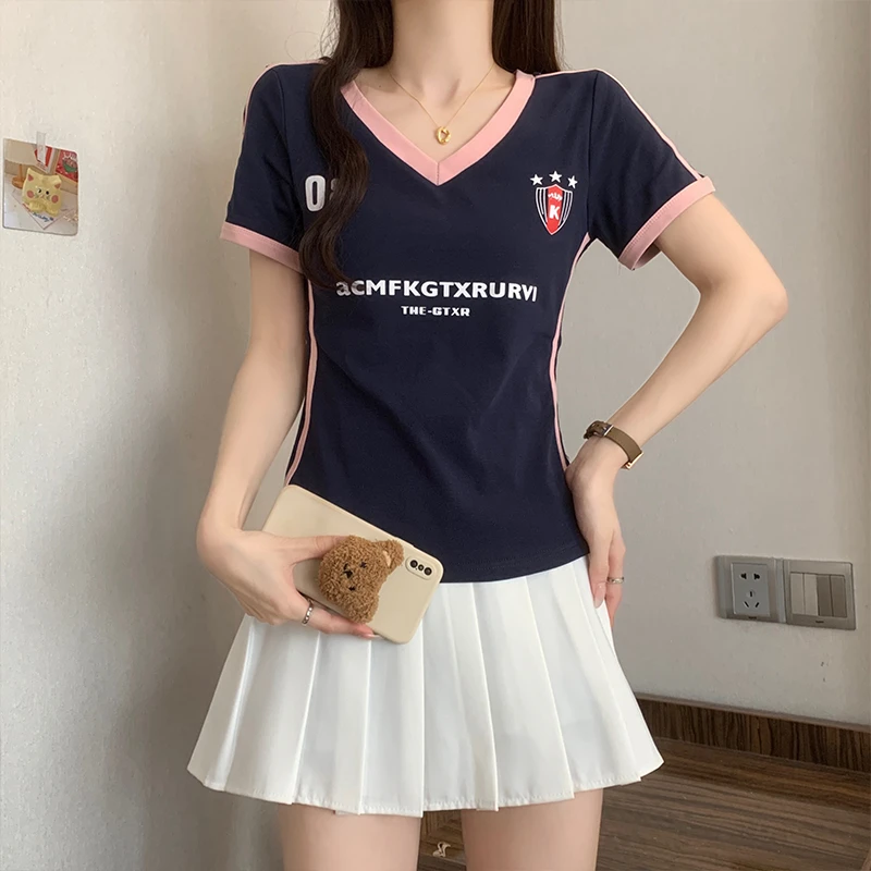 A大码夏季甜辣美式V领撞色拼接印花短袖T恤修身显瘦正肩辣妹上衣