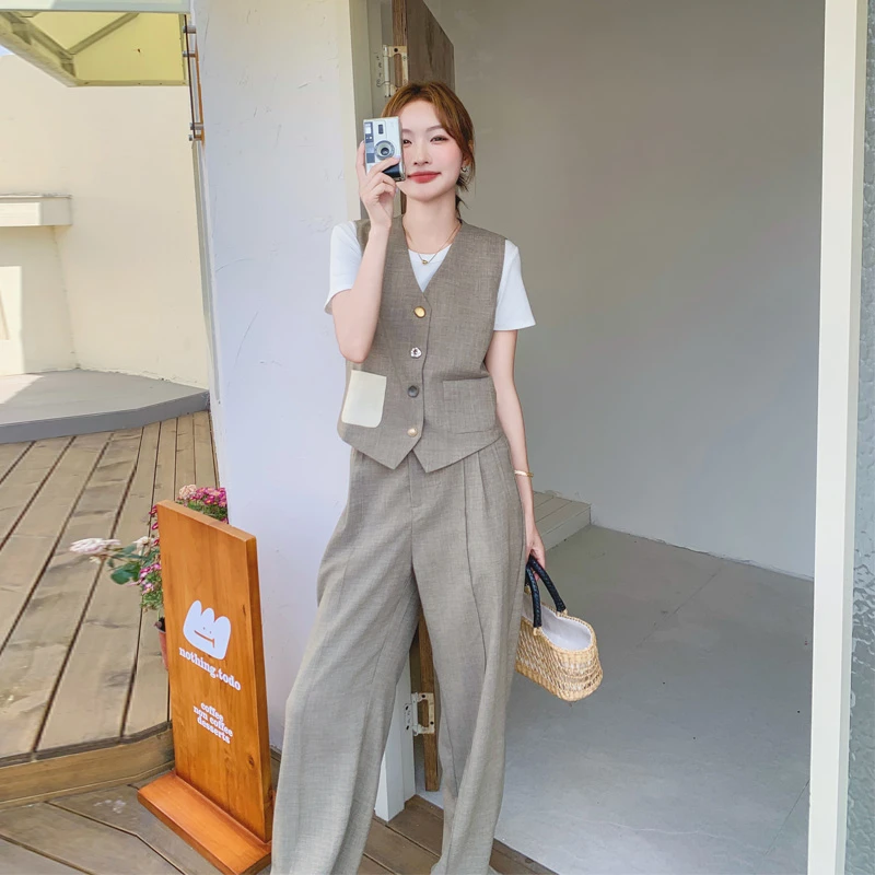 韩系ins风套装裤夏季女2025新款氛围感极简风穿搭马甲T恤阔腿裤潮