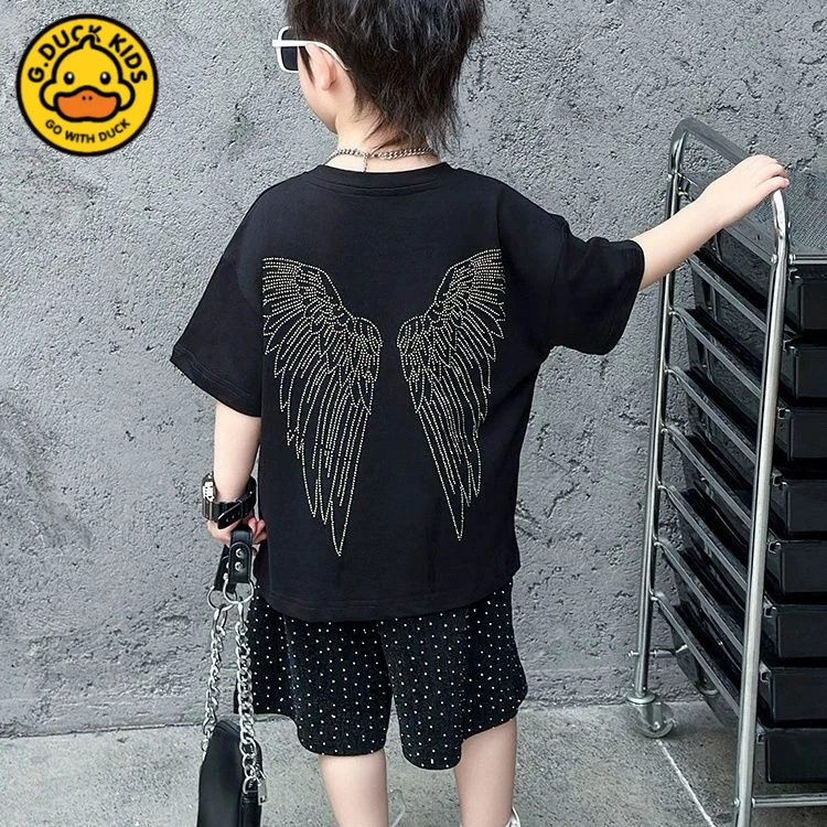 男童夏季短袖夏装2025新款中小童翅膀闪钻两件套韩版网红洋气童装