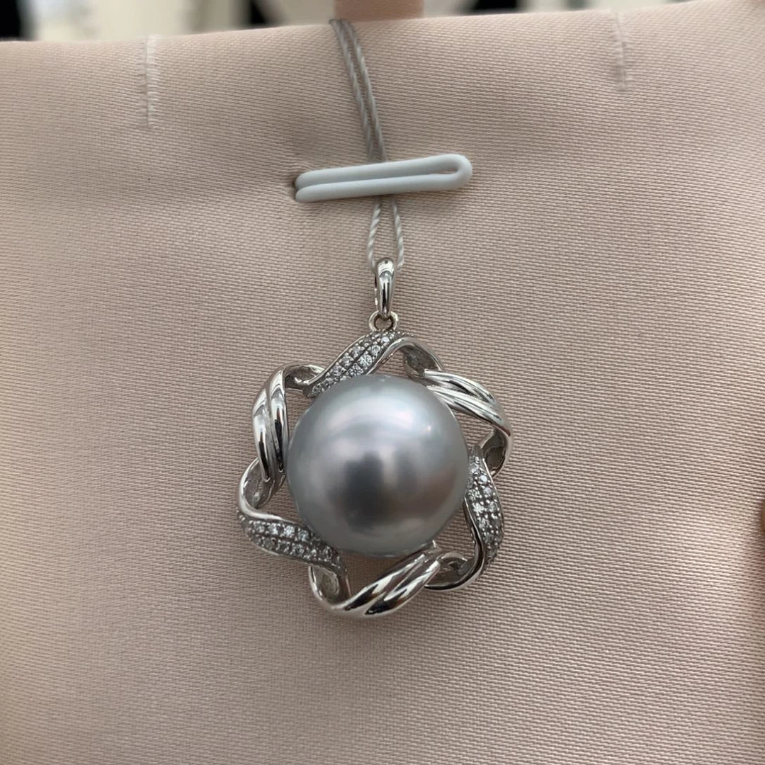18K金镶嵌海水珍珠颈饰12.3mm铂金灰吊坠