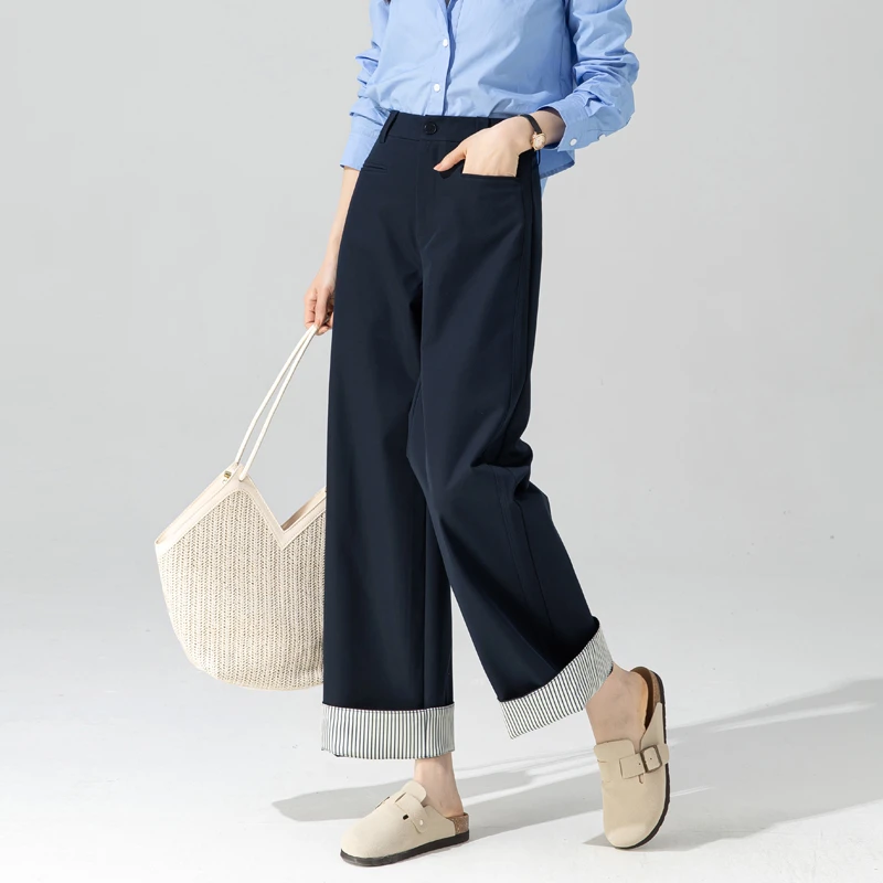 藏蓝色裤子2025新款今年流行爆款抗皱阔腿裤女秋季撞色翻边直筒裤