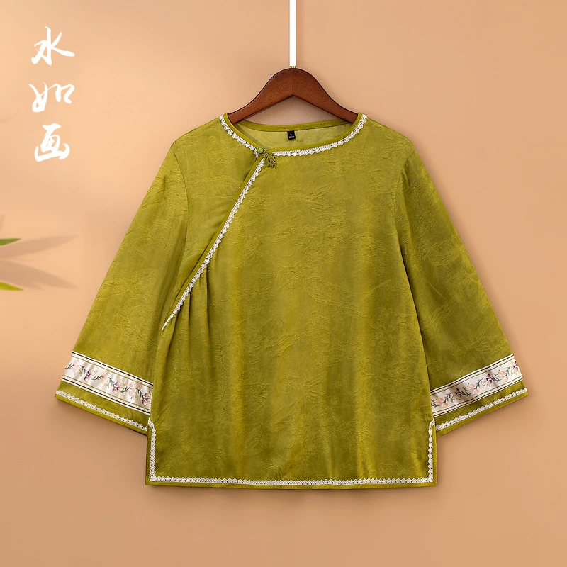 【锦春】春季2025新款上衣小衫女装新中式国风圆领绣花宽松长袖衬衫