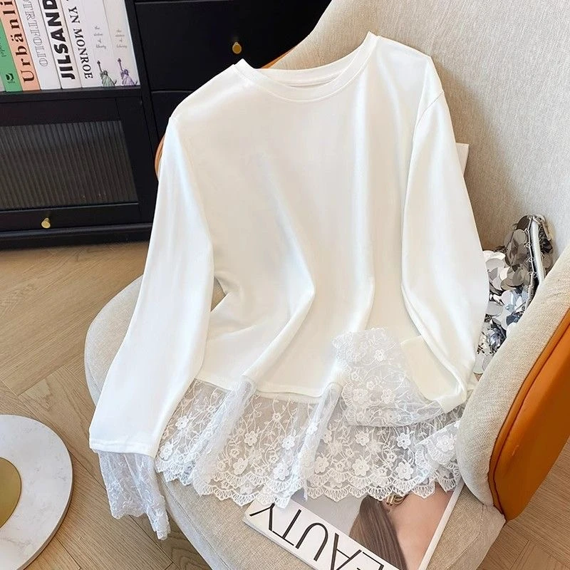女童蕾丝花边T恤2025春装中大童新款宽松女孩秋季洋气打底衫上衣