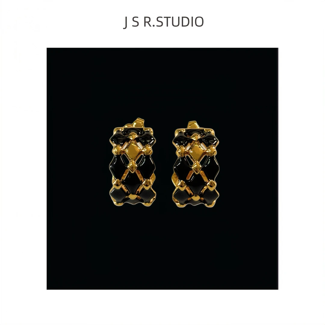 黄铜耳饰 JSR studio 黄铜耳饰黑金珐琅滴釉菱格高级感C形耳环