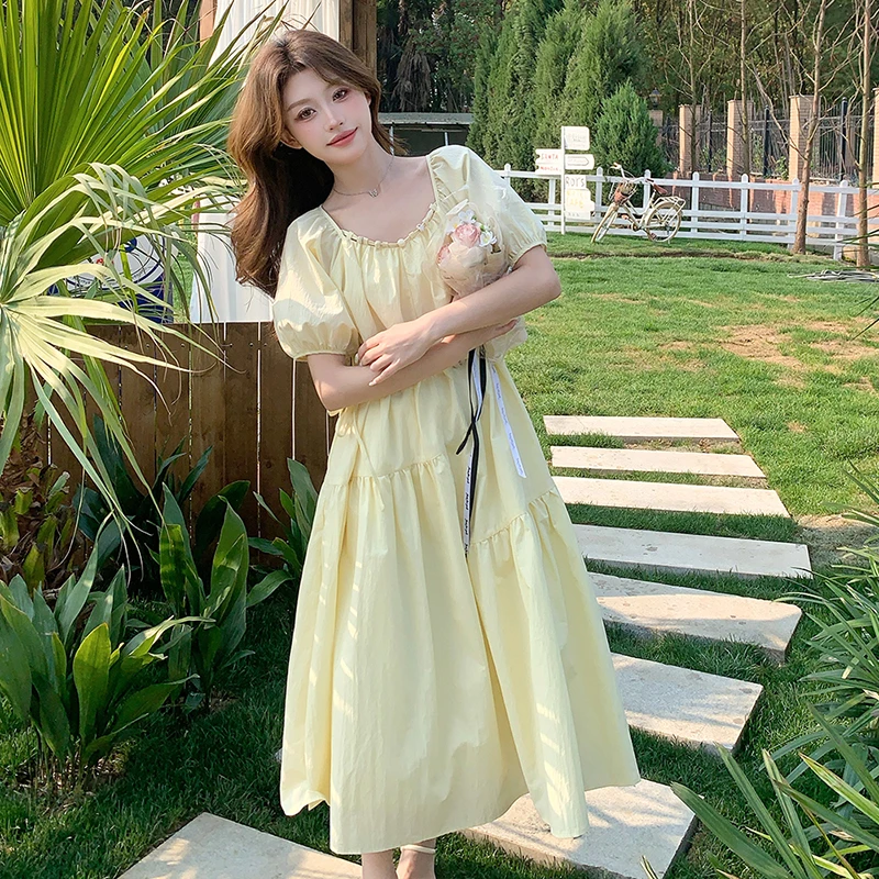 泡泡袖方领连衣裙夏款女夏新款法式初恋小清新甜美温柔仙女长裙子