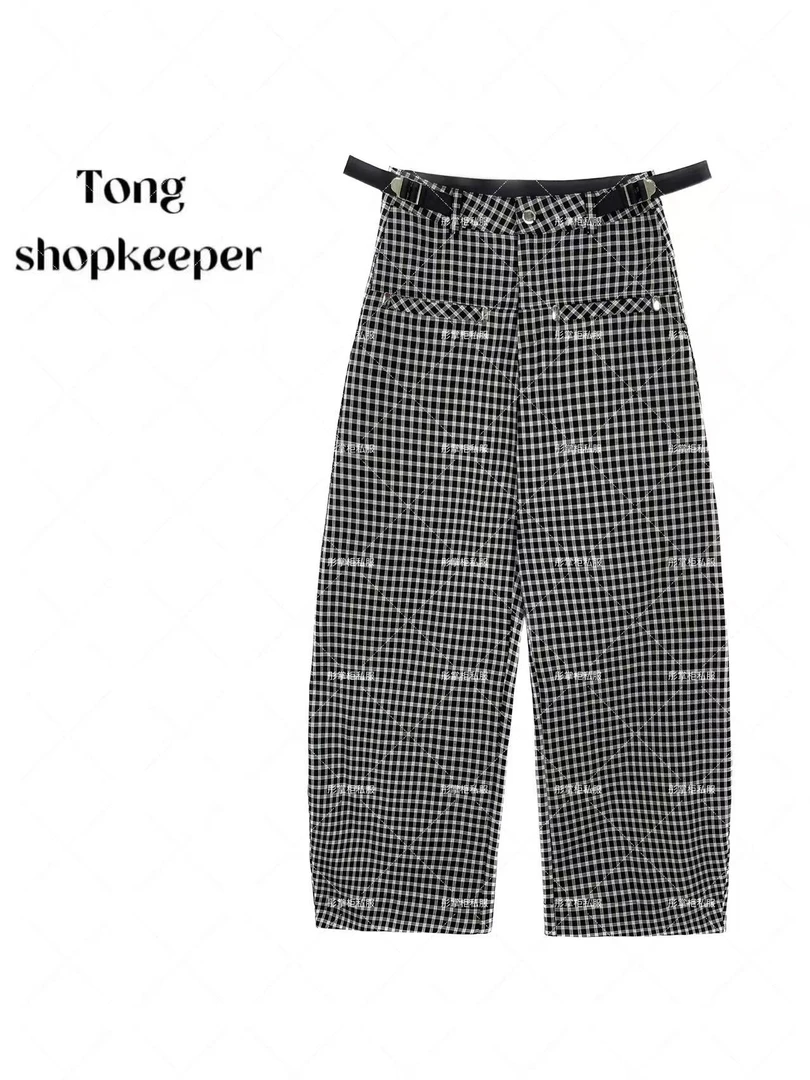 QJ/彤掌柜1682339 早秋2025时尚格子裤气球版型腰头扣设计休闲裤