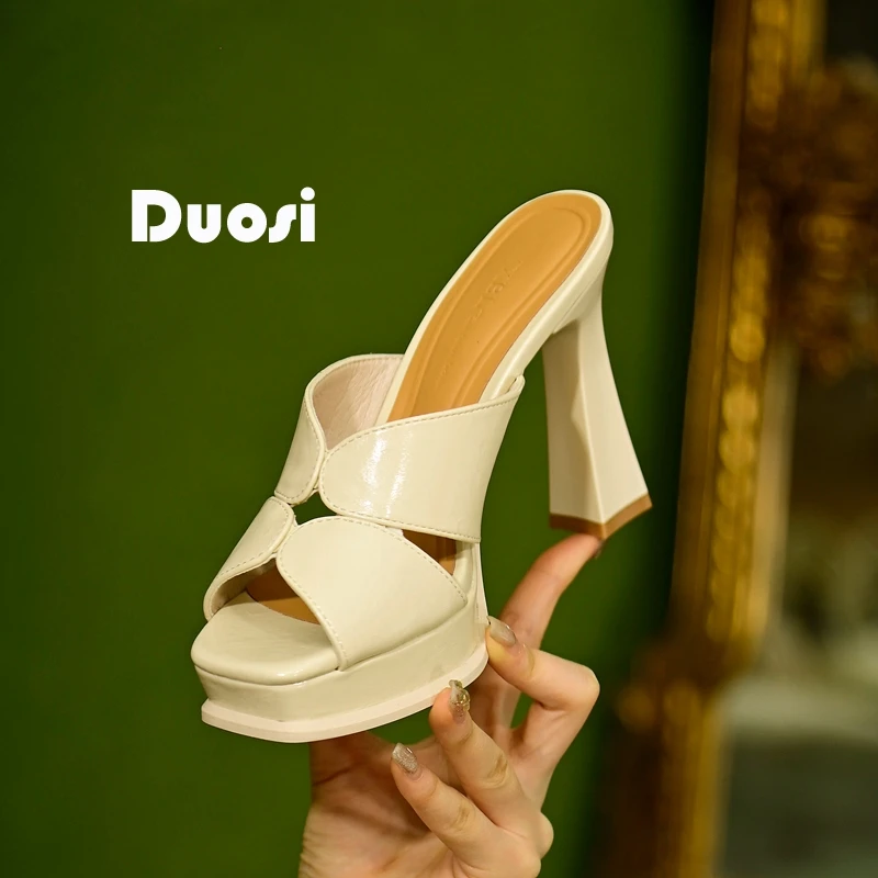 【DUOSI】9cm时尚外穿一字凉拖鞋女细跟方头高跟鞋百搭鱼嘴鞋2530-8