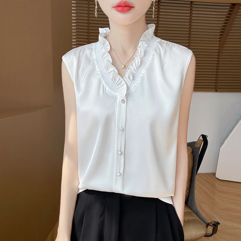 法式V领木耳花边丝滑缎面无袖衬衫气质内搭背心