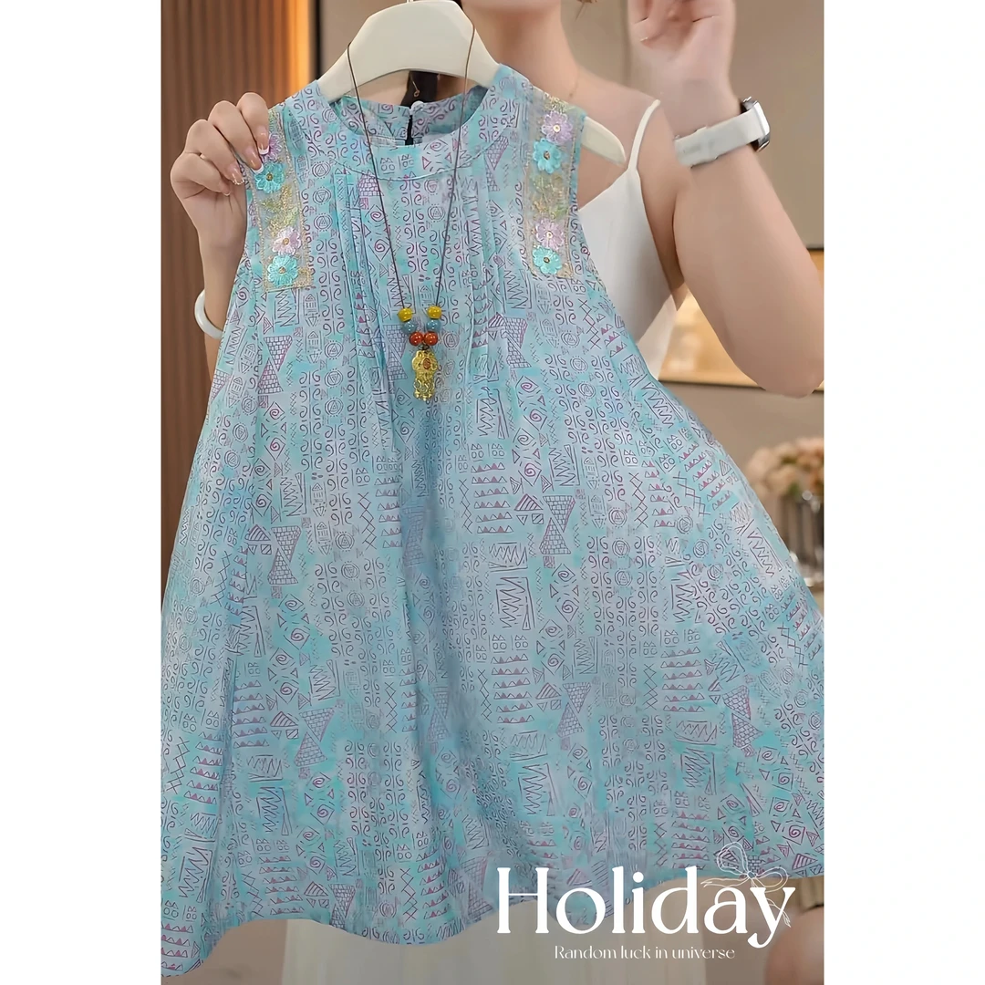 女童碎花无袖连衣裙2025新款夏季背心甜美民族风海边沙滩裙公主裙