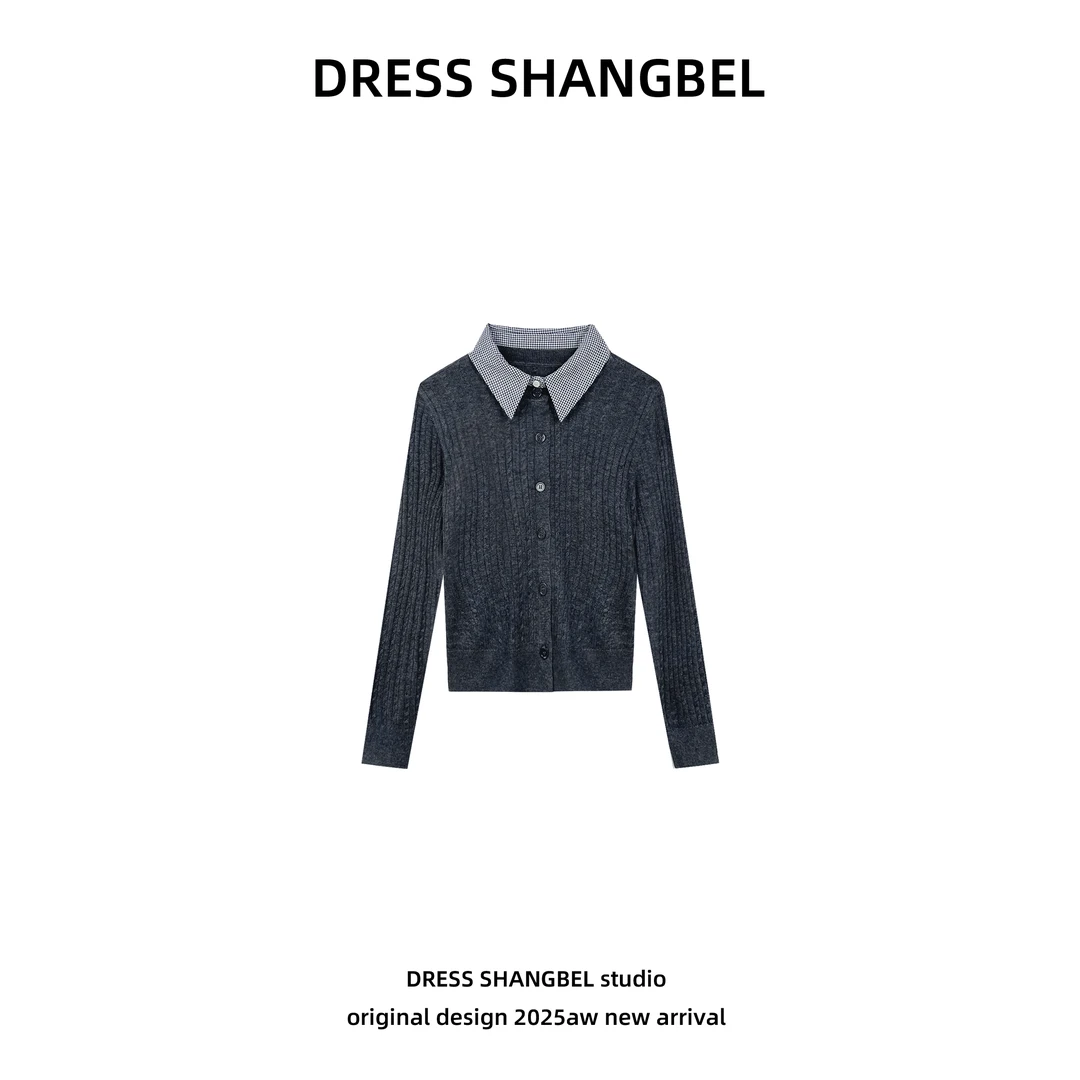 DRESS-2025新款C5设计师翻领简约气质格纹拼接针织衫长袖5382H