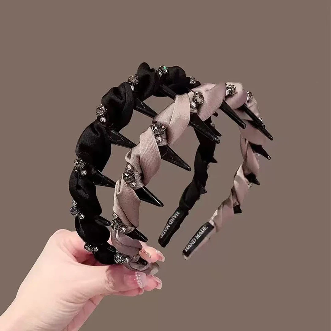 趣优行缎面水晶麻花辫子发箍覆古气质洗脸压发夹感带齿防滑发箍