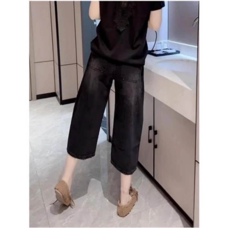 美式复古大码八分牛仔裤子女2025年夏季薄款胖mm小个子直筒阔腿裤