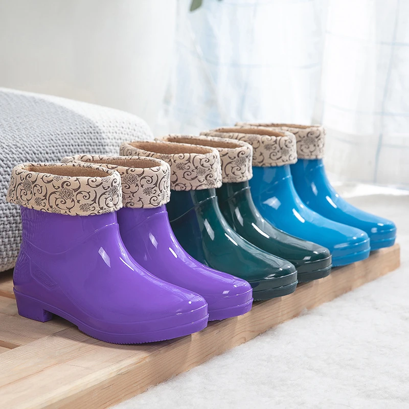 外贸纯色雨鞋短筒成人女士室外雨林徒步防水防滑水鞋加绒保暖雨靴