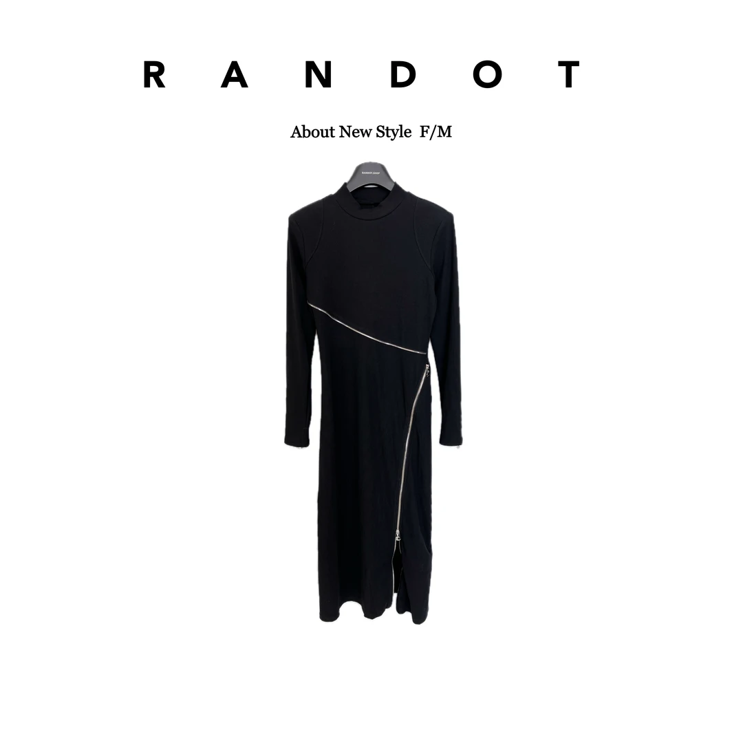 RΛNDOT「拉链裙」原创不规则链条可开叉半高领针织垫肩连衣裙D2187
