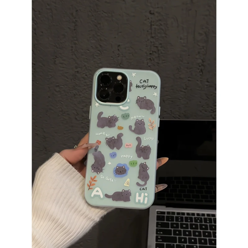 灰色涂鸦可爱猫咪适用苹果16pro创意iPhone15果冻手机壳可爱华为p