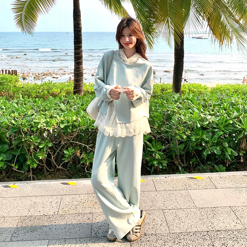 慵懒风设计感休闲甜美风套装女2025秋季新款卫衣背心阔腿裤三件套