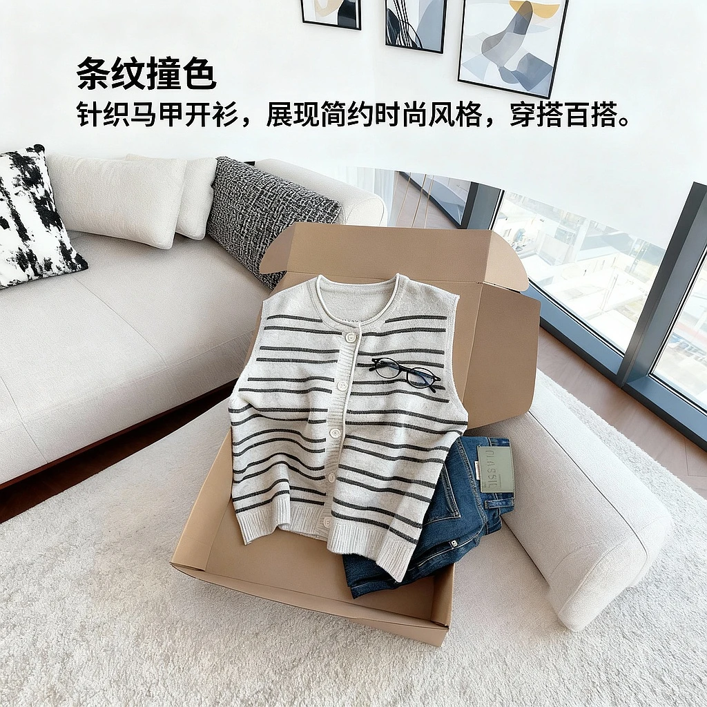 【丹姐家~咖条马甲~】新款条纹撞色羊毛针织马甲开衫