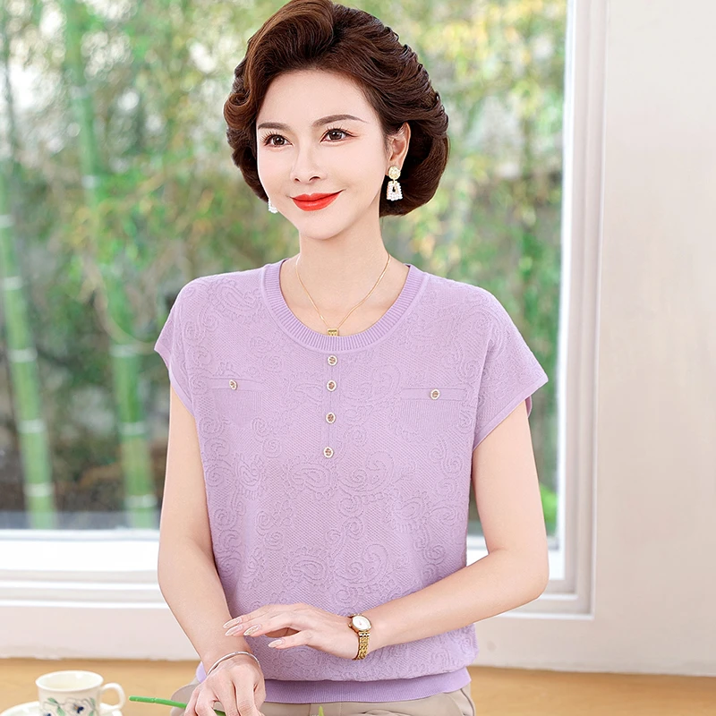 中老年女妈妈装冰丝短袖夏季薄款宽松女装针织衫气质时尚圆领308
