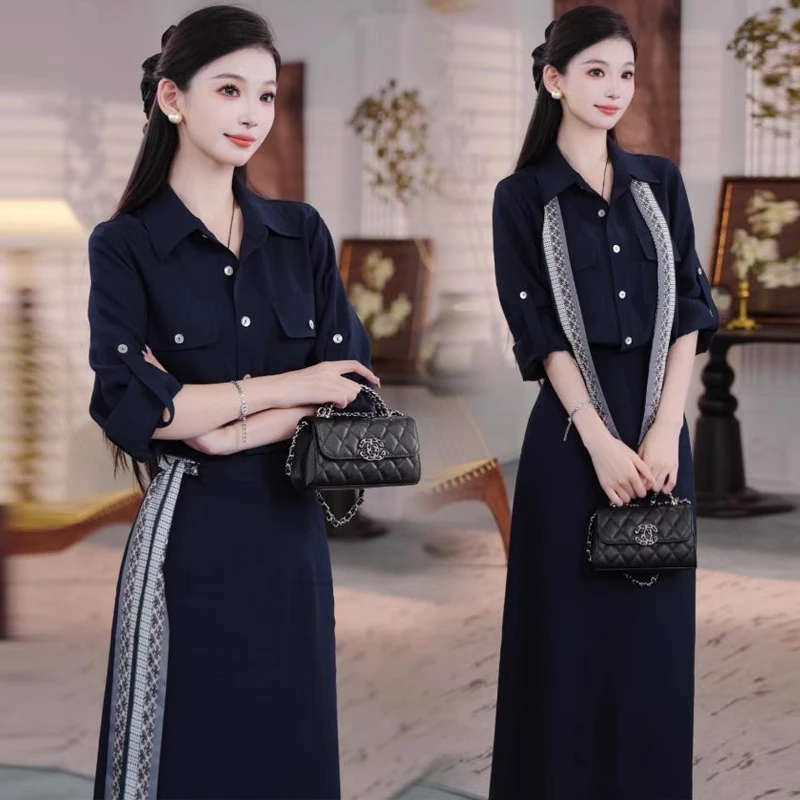 轻熟风高级感连衣裙女秋季新款洋气质显瘦中长款衬衫领假两件裙子