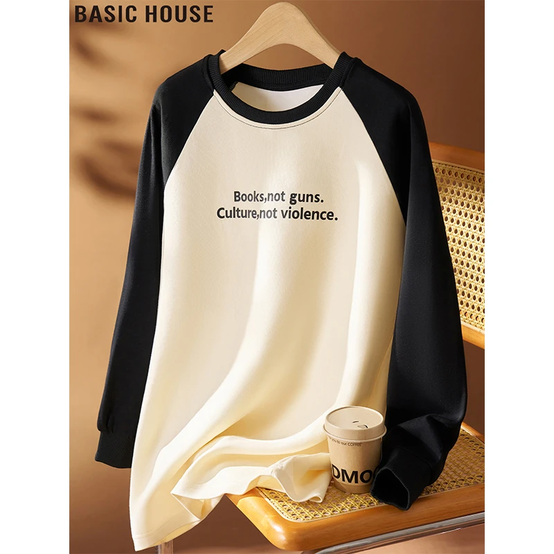 Basic House/百家好复古加绒字母印花长袖T恤女2025冬季打底上衣