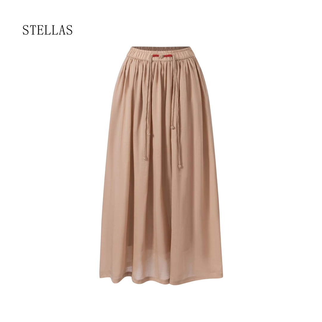 STELLAS 【城市漫步】 设计师中国风盘扣 松紧腰系苎麻半身裙