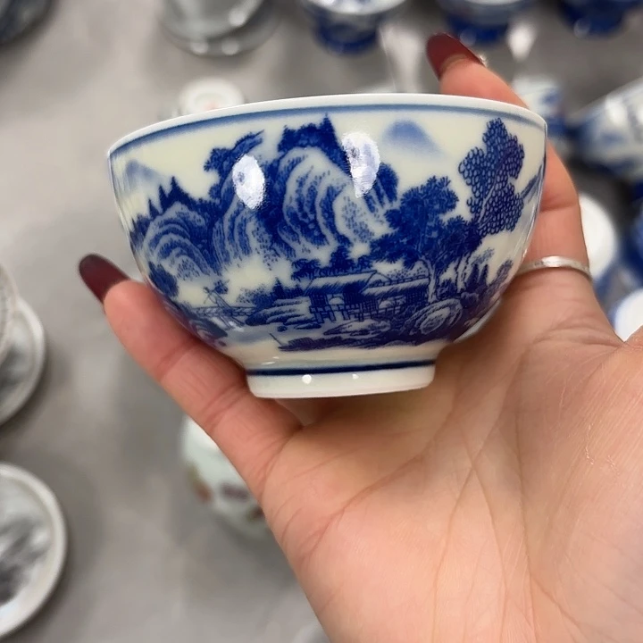 陶摆件青花富春山居图鸡心杯