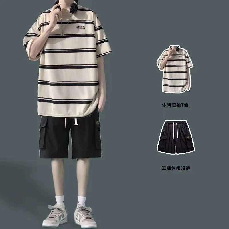 条纹T恤男短袖短裤夏季半袖打底潮牌男装宽松休闲套装两件套