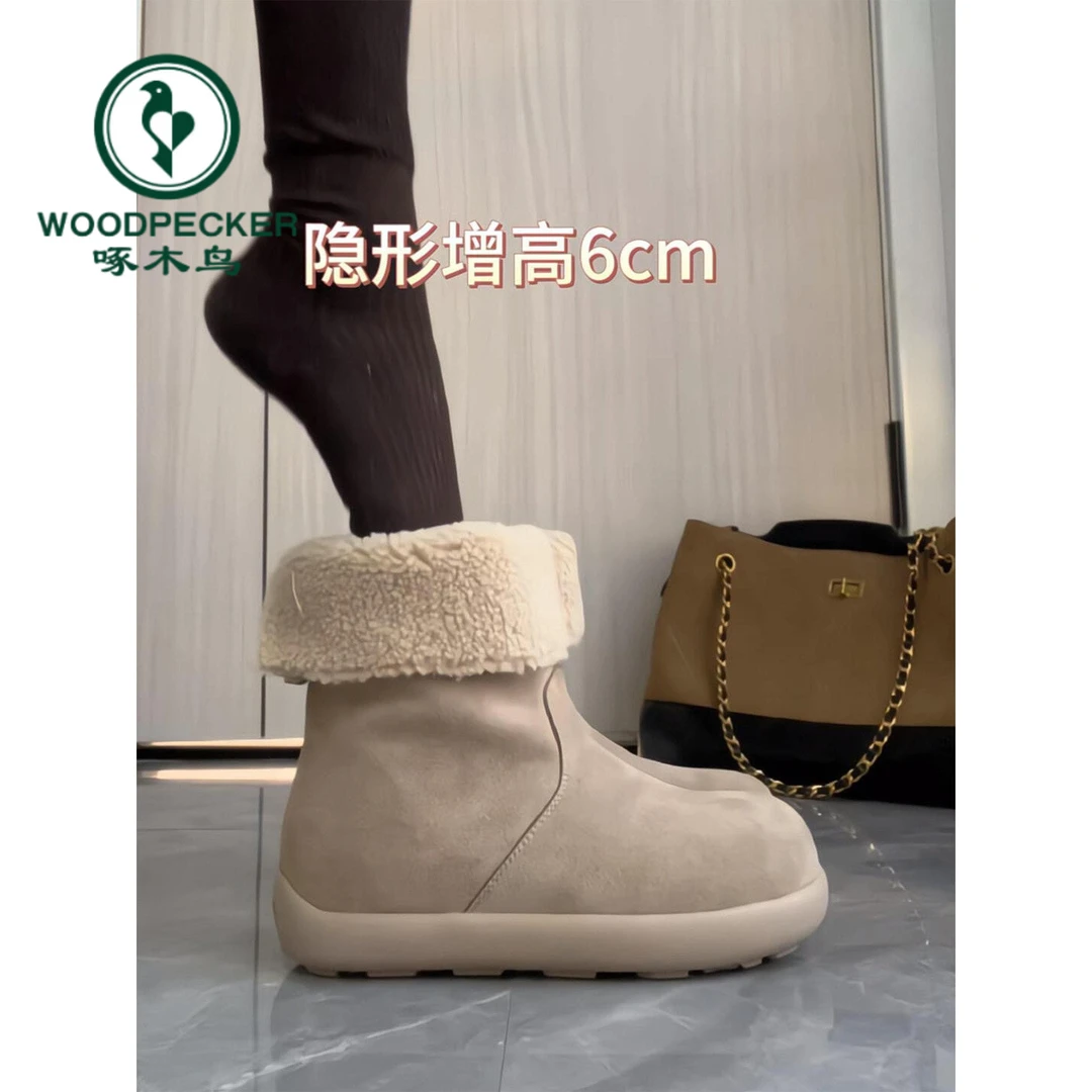 啄木鸟内增高雪地靴女2026春季新款小土豆加绒厚底短靴毛毛棉鞋子