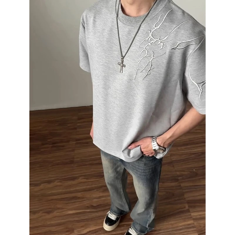 暗纹闪电刺绣短袖T恤男款2025年夏季新款美式复古高街半截袖上衣