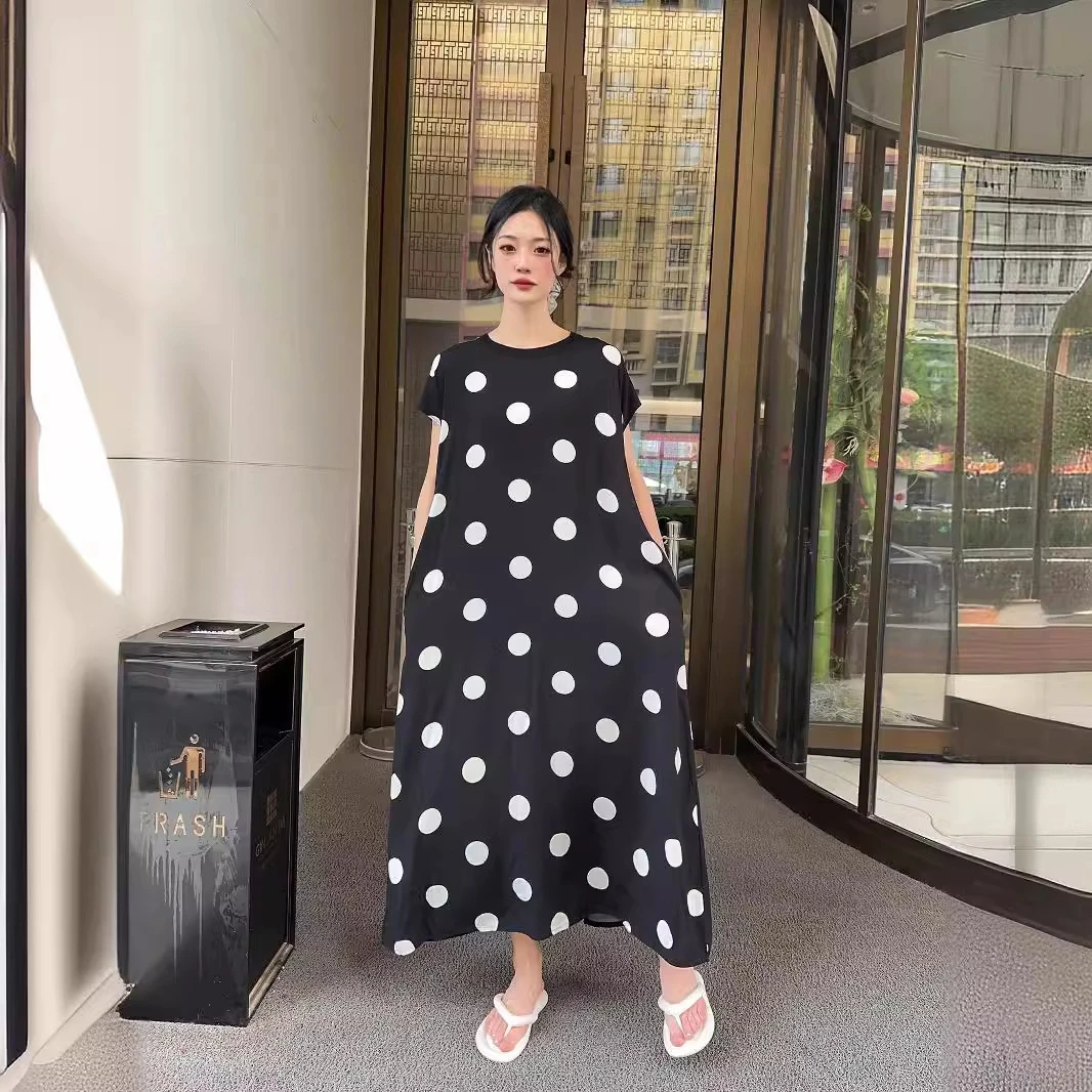 印花拼接连衣裙小飞袖圆领宽松口袋裙时尚韩版休闲中长款