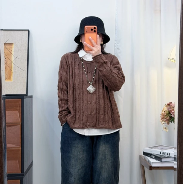 圆领长袖棉线针织开衫女宽松显瘦百搭镂空纯色春秋季毛衣外套