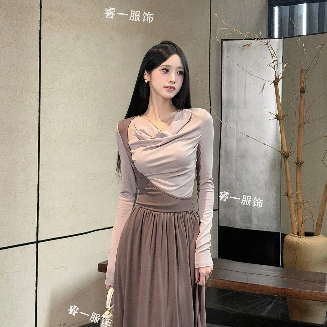TITI 早秋新品撞色拼接假两件长袖连衣裙女高腰A字裙女秋装显瘦