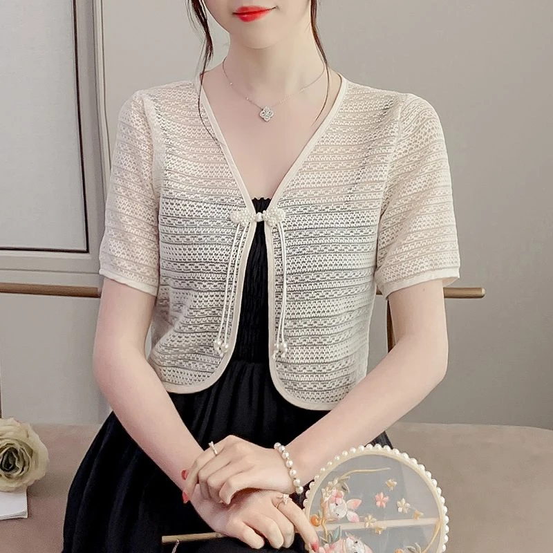 新中式国风蕾丝短袖衬衫女夏季短款盘扣披肩配吊带裙外搭防晒上衣