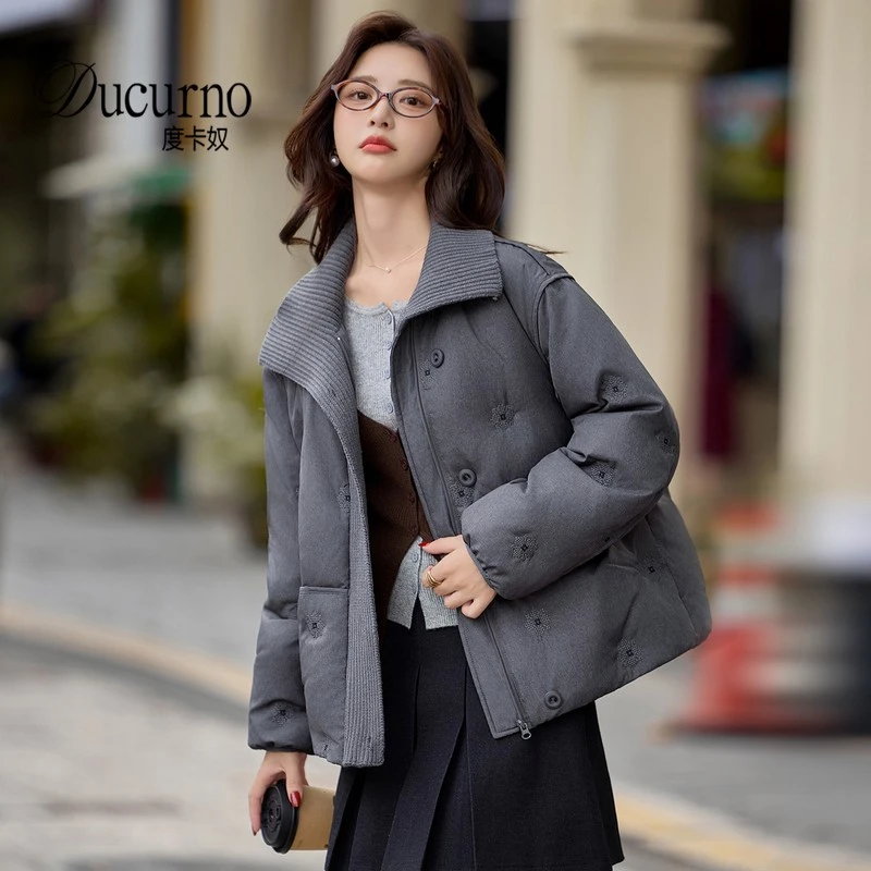 设计感针织翻领拼接羽绒服女2025冬季新款韩版气质白鸭绒短款外套