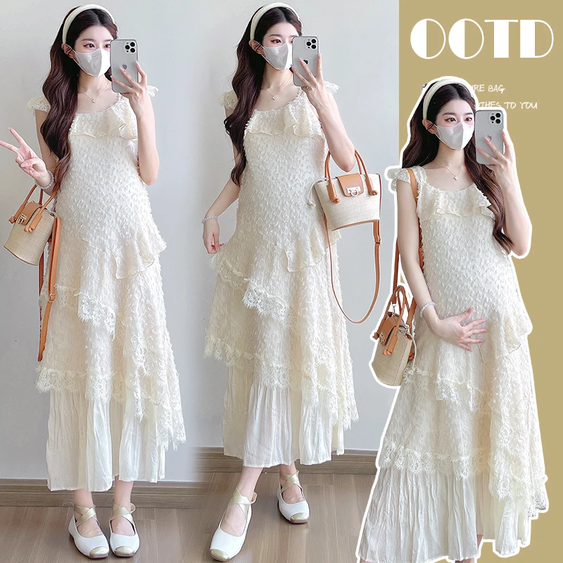 【小富婆孕装】2025新款蕾丝孕妇连衣裙法式高腰连衣裙小飞袖长裙