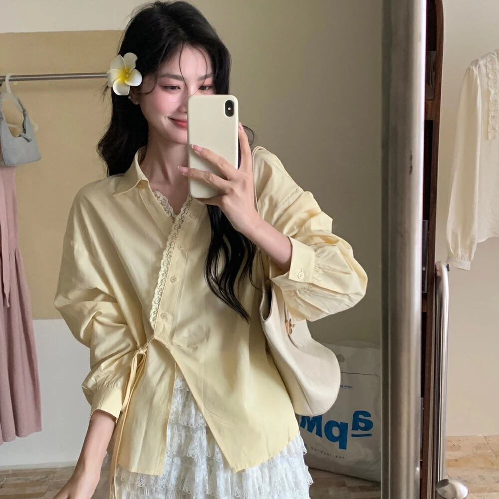 设计感不规则蕾丝边系带v领衬衫女春秋韩系独特别致漂亮小衫上衣