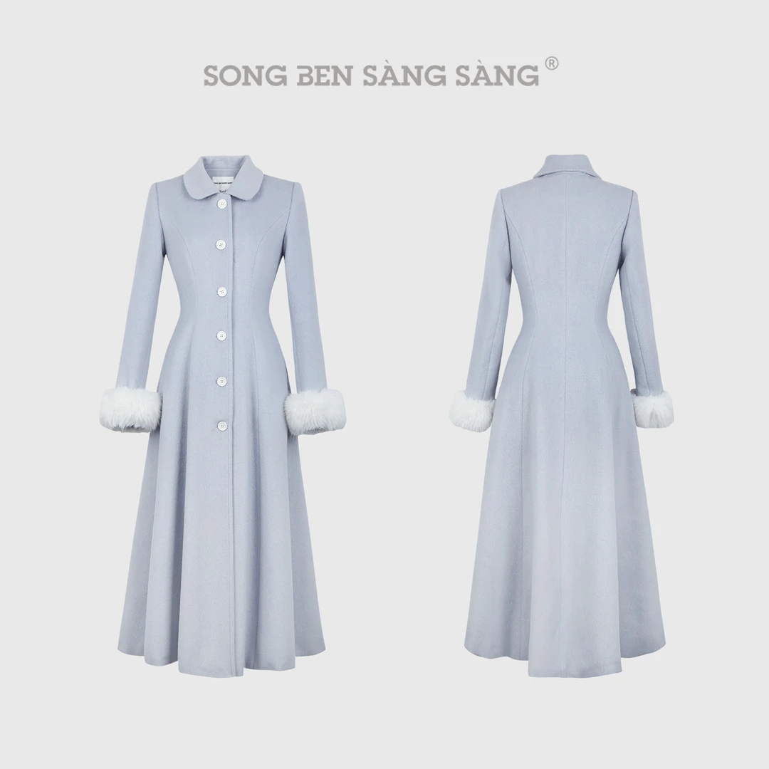 松本丧丧长款赫本风蓝色毛呢大衣单排扣宽松洋气秋冬B254N0013