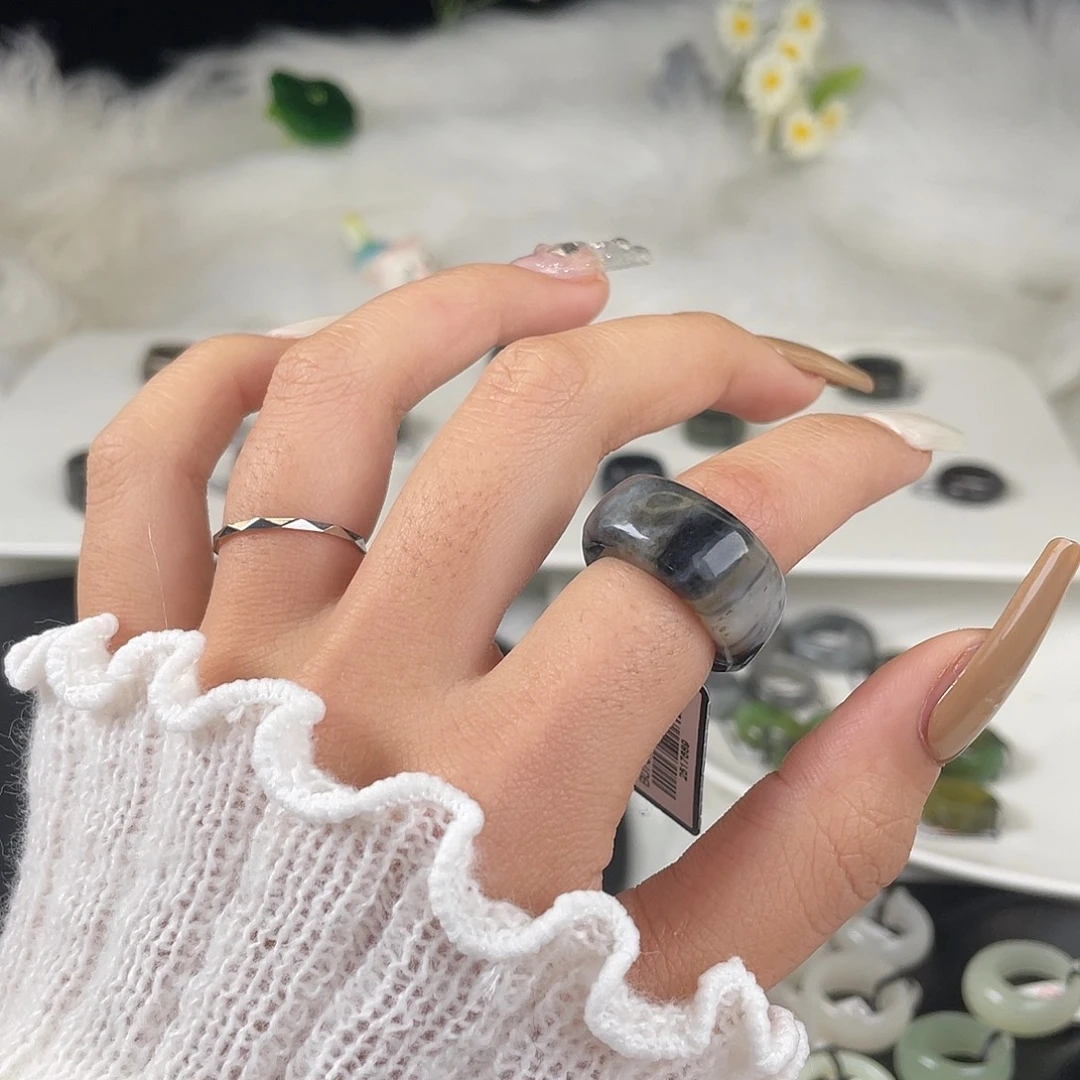 和田玉未镶嵌戒指U32糖青花方圆17.0mm