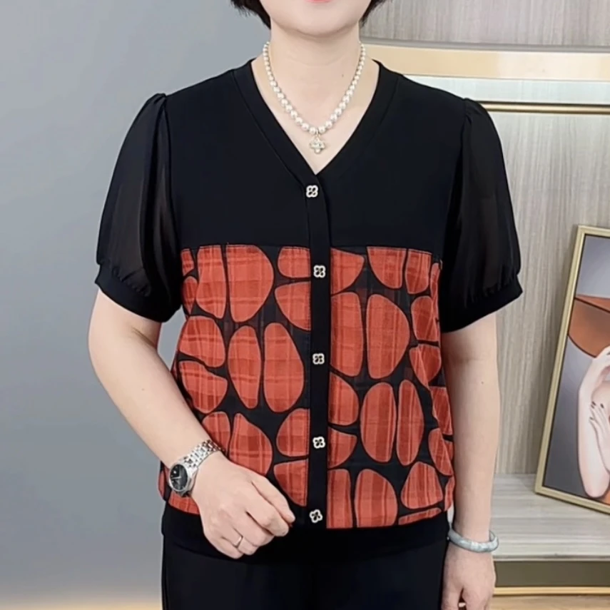 夏季新款洋气V领气质妈妈装休闲百搭遮肚显瘦弹力短袖上衣H8857