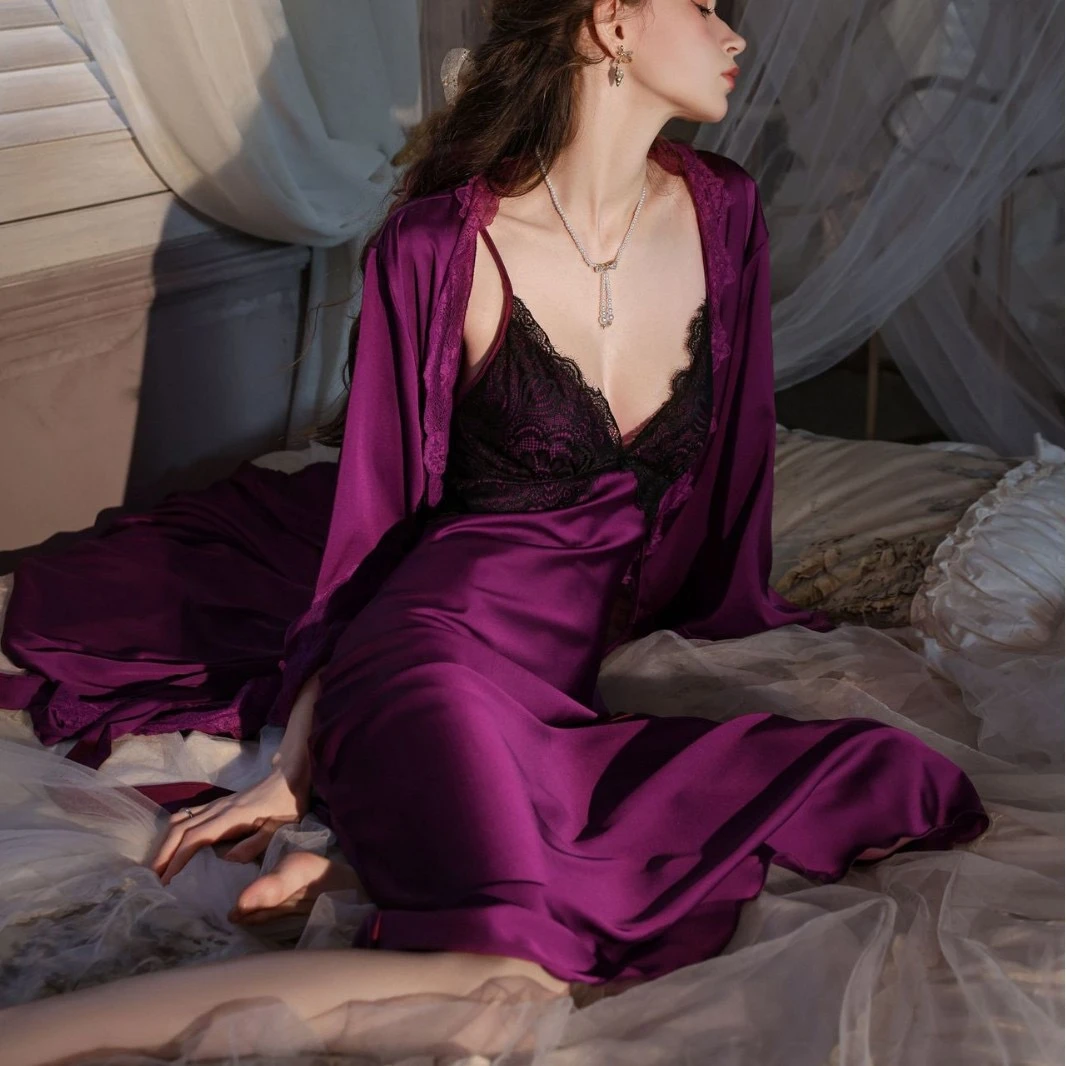 【魅惑】中长款长裙性感法式纯色简约高智风拼接睡裙蕾丝女士荡领