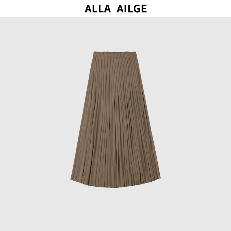 ALLA AILGE「褐羽疏烟」日本强捻绉纱飘逸百褶半身裙松紧高腰中长裙