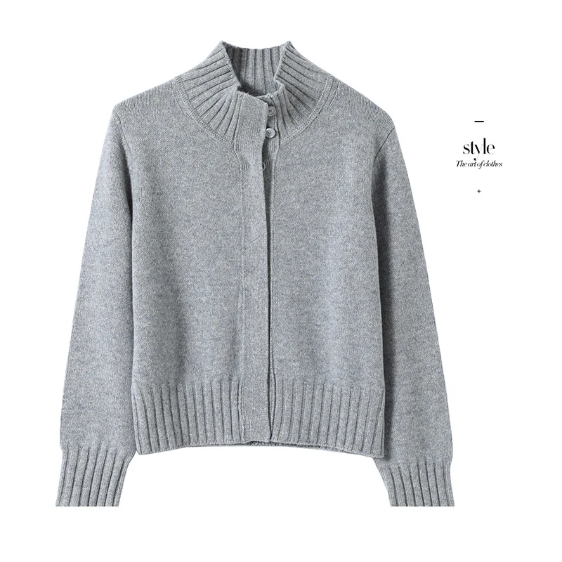 新款气质立领手工勾袢扣长袖开衫女宽松通勤羊毛外套580