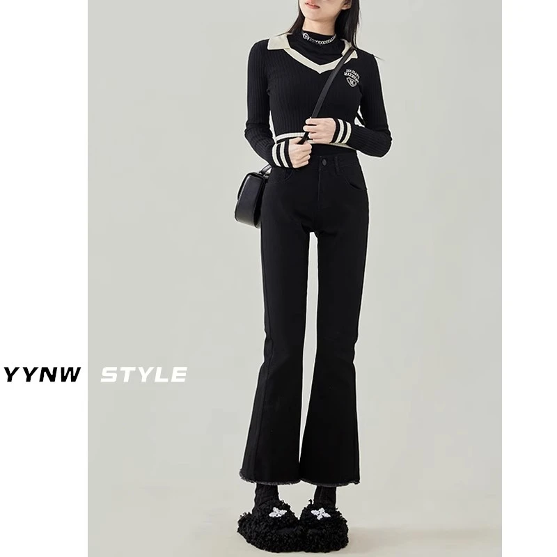 黑色微喇牛仔裤女2025秋季新款高腰显瘦蓝小个子黑色直筒牛仔裤