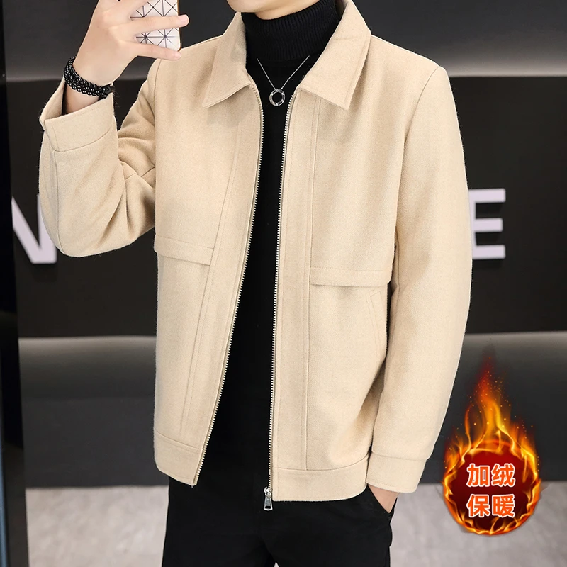 2025冬季新款翻领纯色高品质加绒加厚夹克外套男青年修身保暖大衣